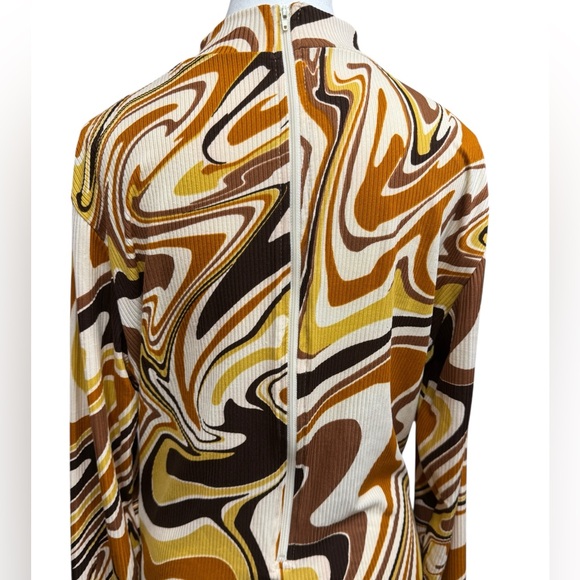 70s inspired Swirl Maxi Brown, Sienna, Mustard Dress with Stretch, Sz 2X - Picture 4 of 9